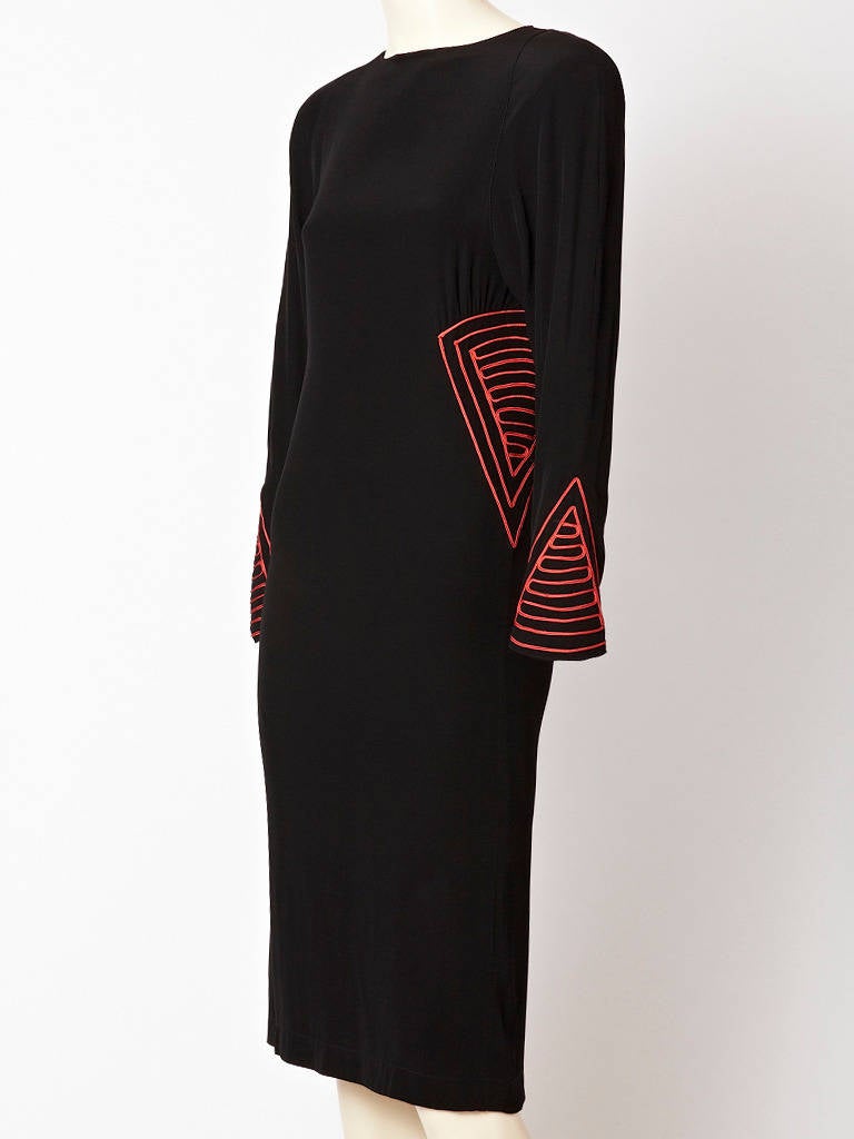 Karl Lagerfeld, for Chloe, black silk crepe dress with graphic, red soutache detail at the sides and sleeves.