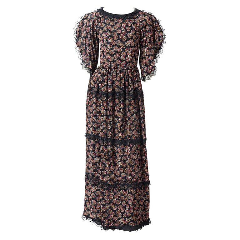 Chloe Late 70's Printed Silk and Lace Maxi Dress