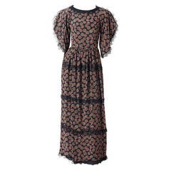 Vintage Chloe Late 70's Printed Silk and Lace Maxi Dress