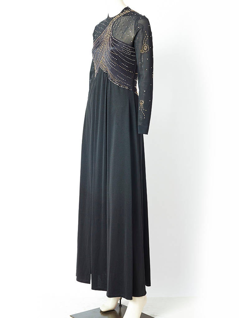 Giorgio di Sant'Angelo jersey gown with a built in body suit. Bodice of gown is a combination of jersey and sheer stretch mesh all embellished with studs, beading and rhinestones.