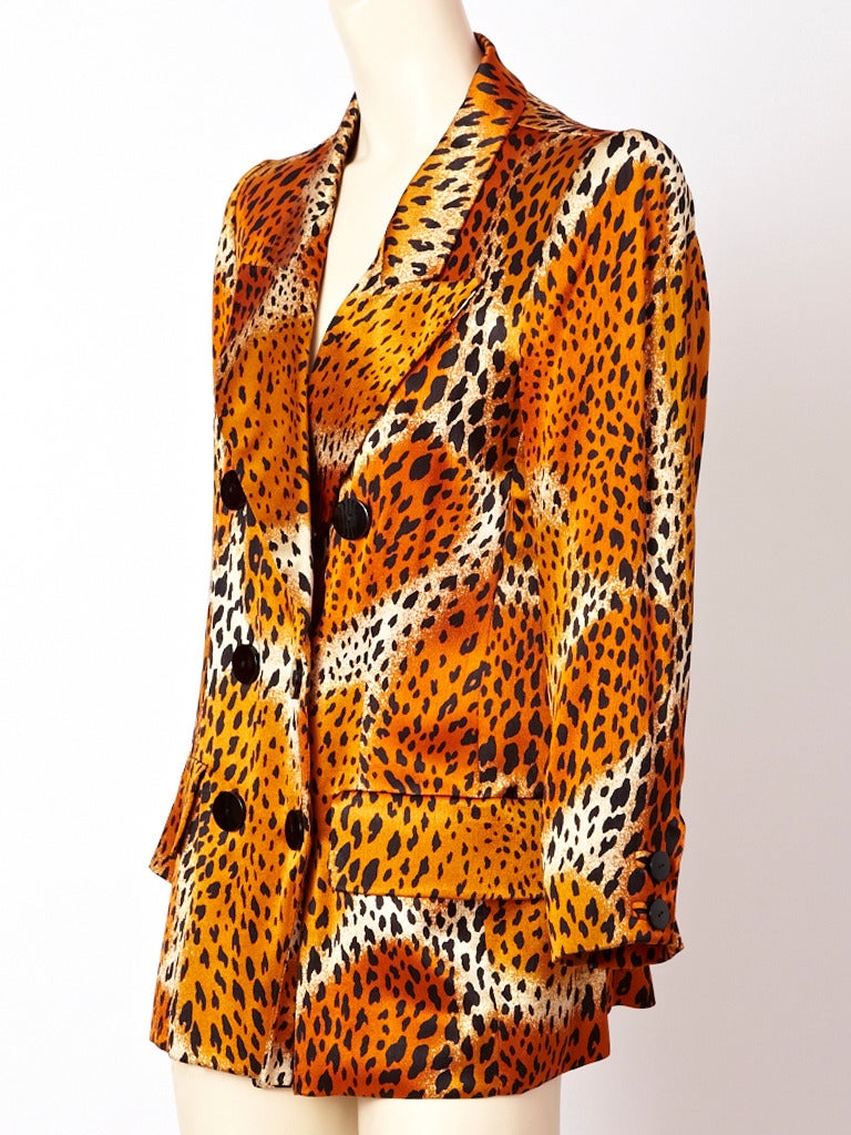 YSL, satin, leopard print, double breasted, fitted, blazer with flap pockets.
