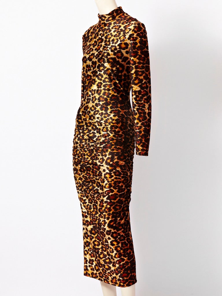Patrick Kelly, leopard print, stretch, velour, fitted dress, with turtle neck and  side ruching along the hip and thighs.