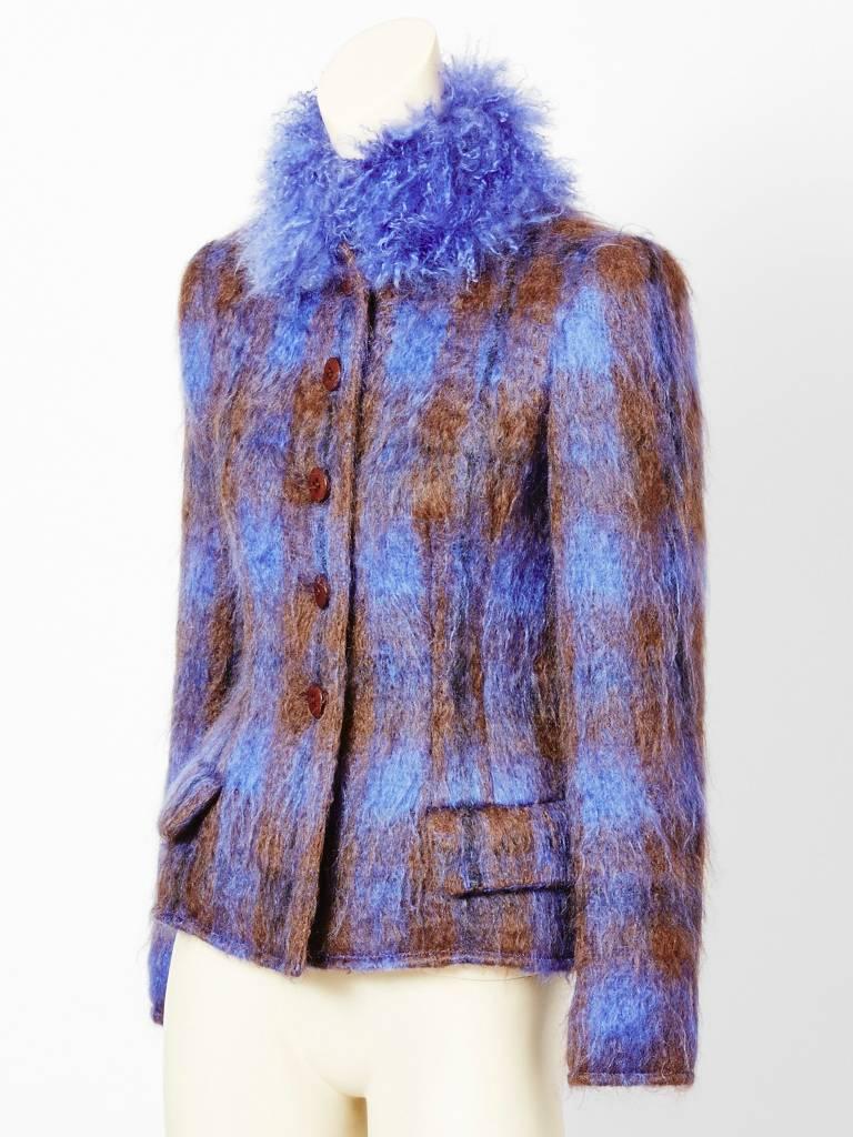 Valentino,  plaid, mohair fitted jacket, having a curly lamb collar and faux
flap pockets, 