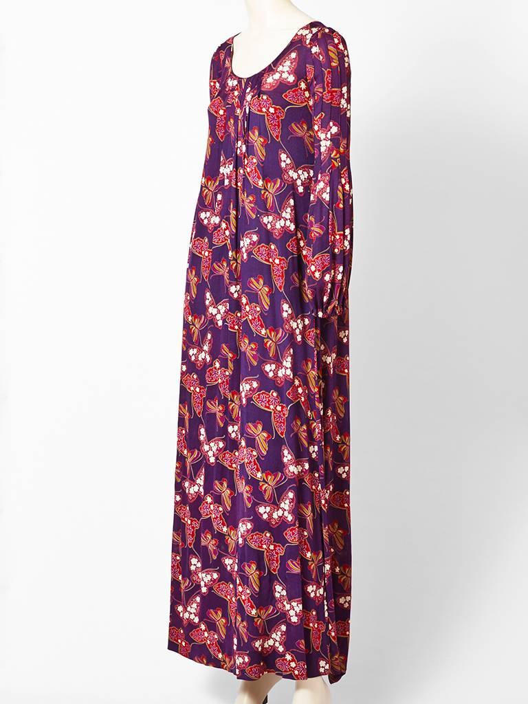 Missoni, plum toned, butterfly print, silk knit maxi dress with a gathered neckline  and sleeve detail. C. late 70's.