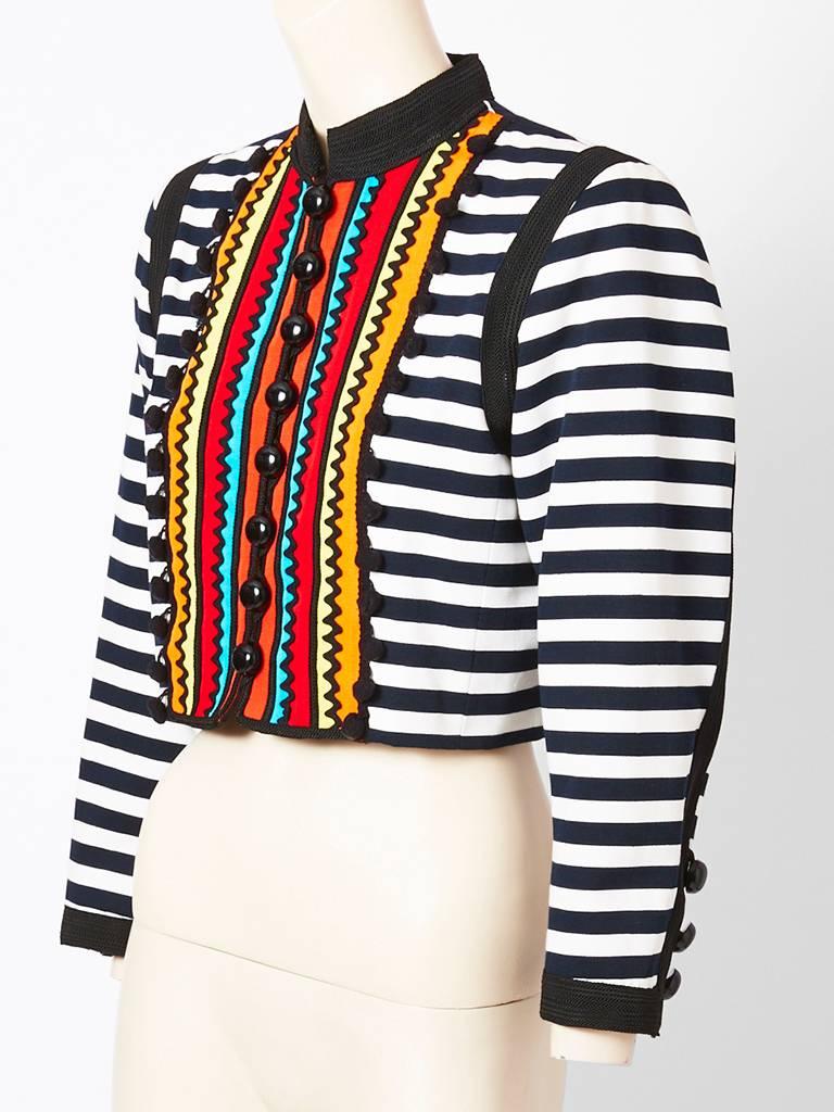 Yves Saint Laurent, black and white stripe, faille, jacket having a mandarin collar
in passementerie and a 