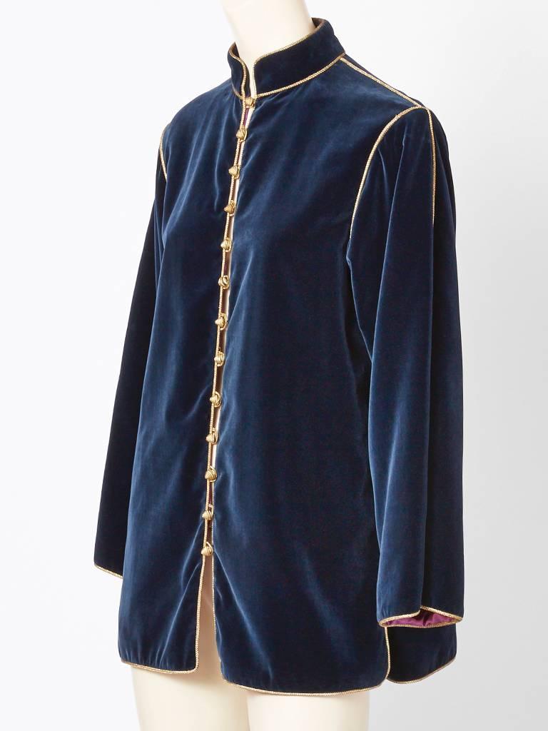 Yves Saint Laurent, midnight blue, velvet, Chinese inspired jacket with gold piping detail. lavender lining.  Chinese collection, late 70's.