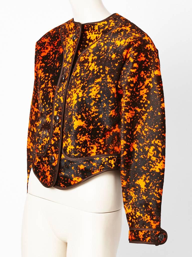 Geoffrey Beene, black and orange, Dalmation print, calf hair, jacket. Trimmed in black satin.
