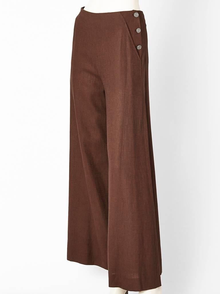 Martin Margiela, for Hermes, dark brown, linen wide leg, sailor pant with  a flat front and hip button detail.