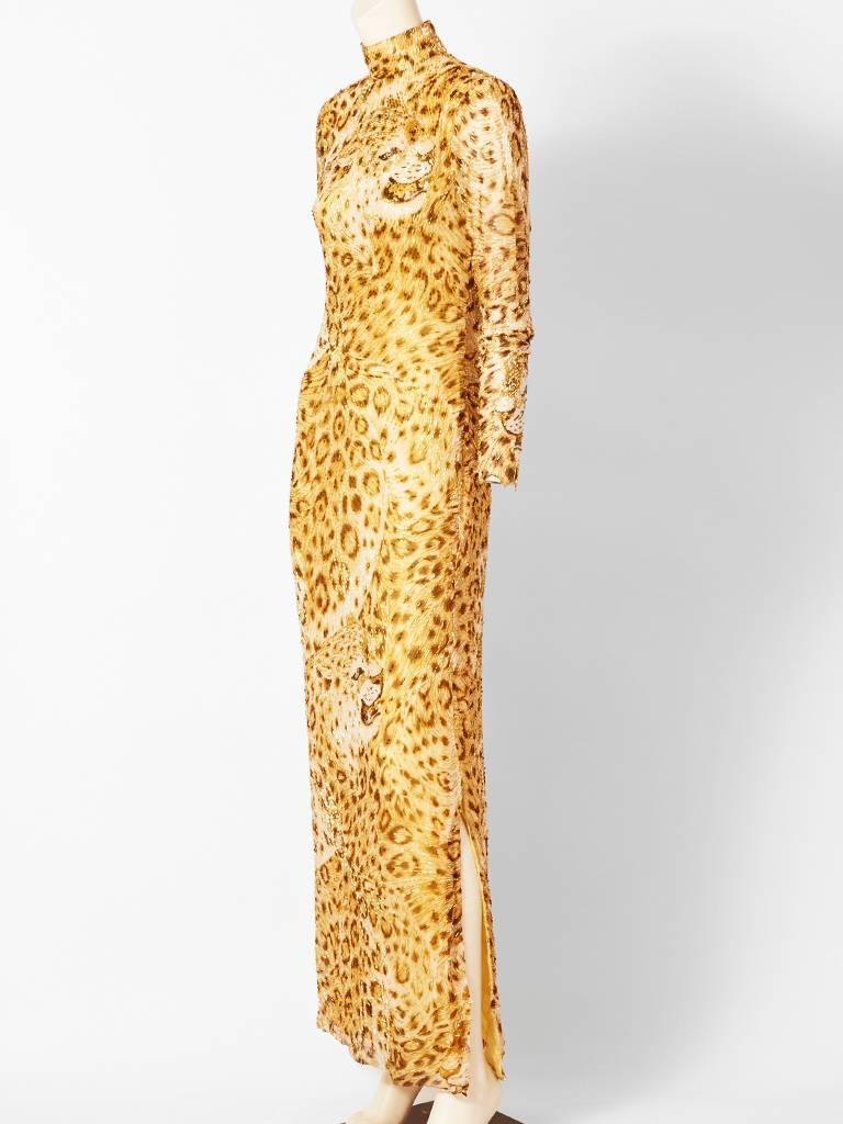 Hanae Mori, mock turtleneck, leopard print,  fitted, long sleeve, gown made of silk chiffon and encrusted with bugle beads in  Gold, , Amber and Ivory tones. c.1980.,