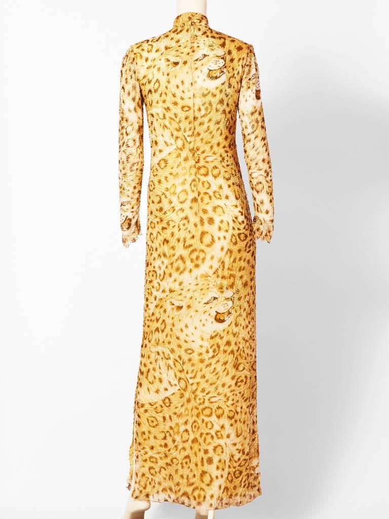 Orange Hanae Mori Leopard Print Bugle Beaded Gown