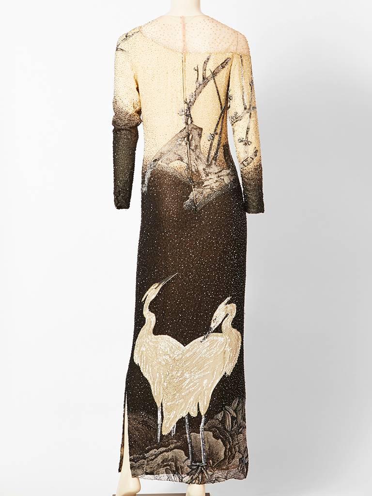 Beige Hanae Mori Couture Bugle Beaded Gown With Crane Motif
