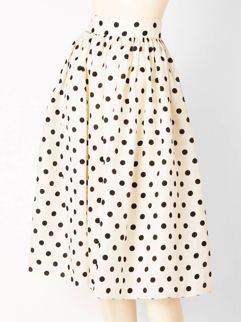 Valentino, black and white polka dot, organza, full, gathered skirt. Center, back zipper closure..