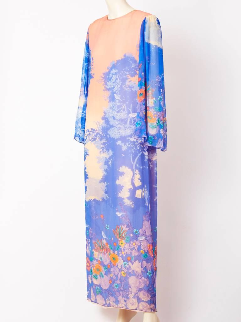 Hanae Mori, blue and peach, floral pattern, chiffon, long, sheath having a peach chiffon under layer and sheer sleeves that gather slightly at the shoulder.
