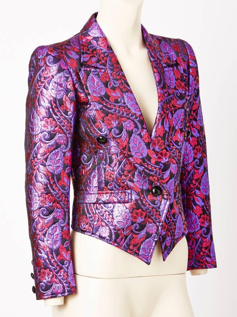 Yves Saint Laurent, brocade, Spencer, jacket, having a single, jet button closure, and wide lapels. Lovely shades of purples and red.
