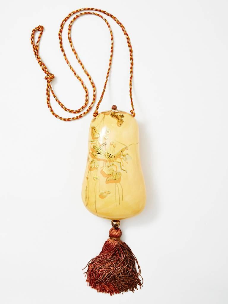 Rafael Sanchez, painted, wood, bag with silk braided tassel and cord.
Hand painted, inside and out having, a nature grasshopper motif in gold leaf.
