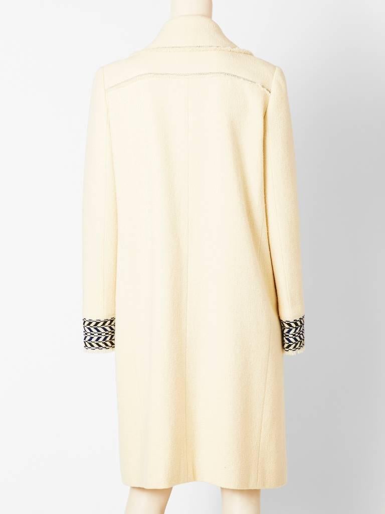 White Chanel Ivory Wool Boucle Coat with Navy Blue Detail 