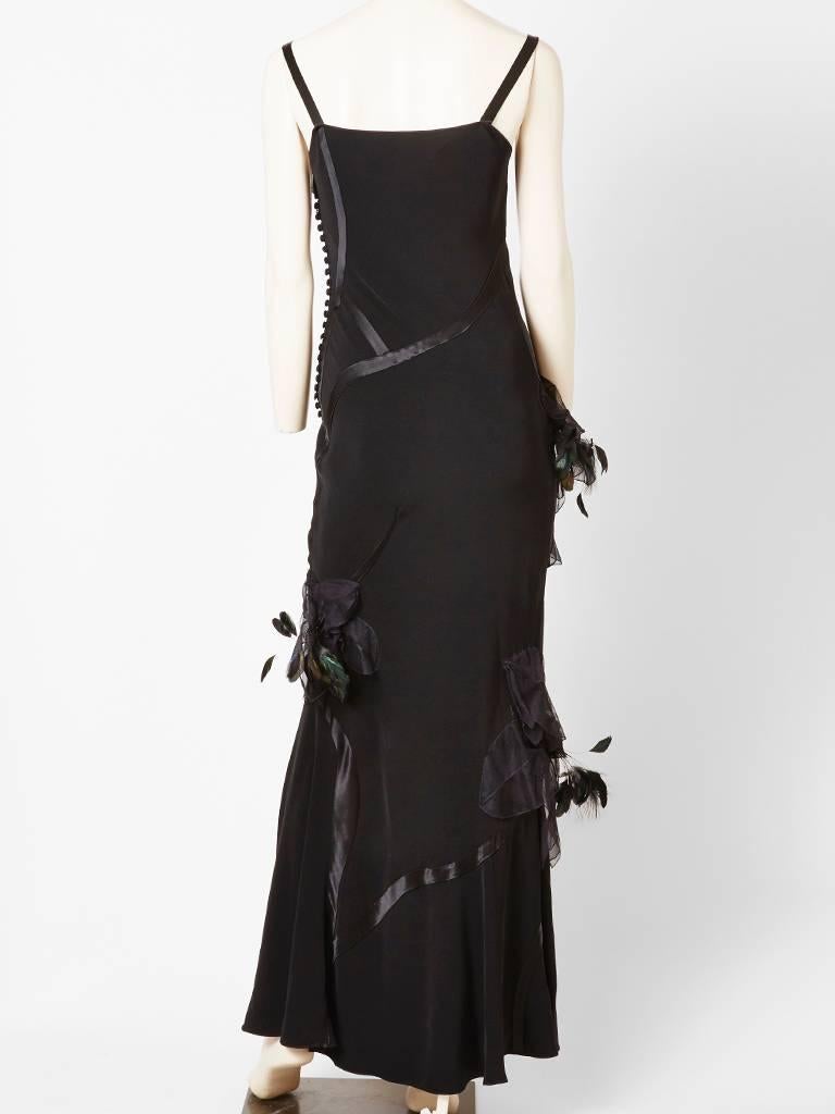 Black John Galliano Crepe and Satin Gown With Feather Detail