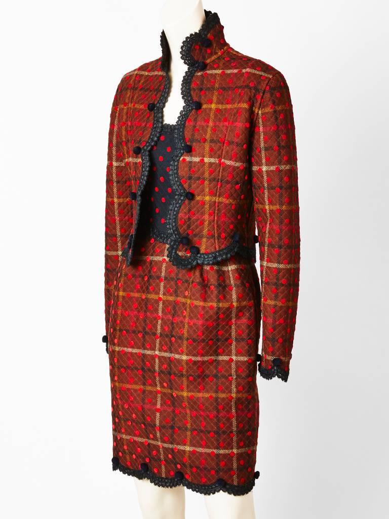 Brown Geoffrey Beene Quilted Plaid and Polkda Dot Dress and Jacket Ensemble