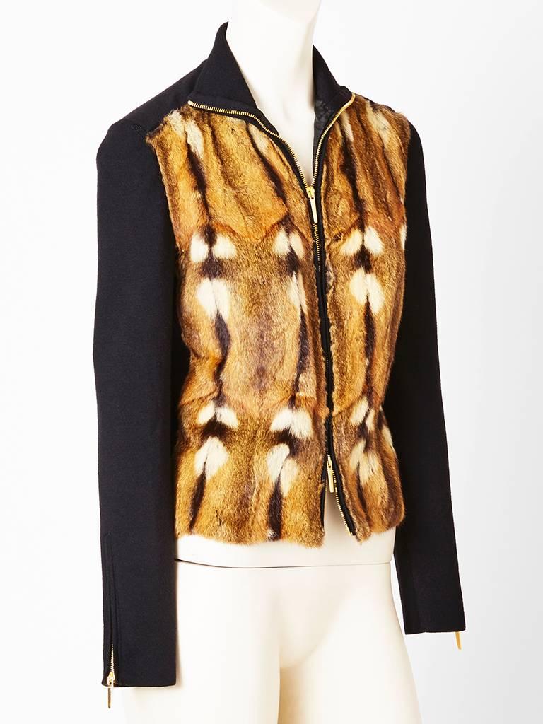 Tom Ford, for Gucci, zip front, wool and silk knit cardigan having a turtle neck and front panels of camel tone fur. Label reads 