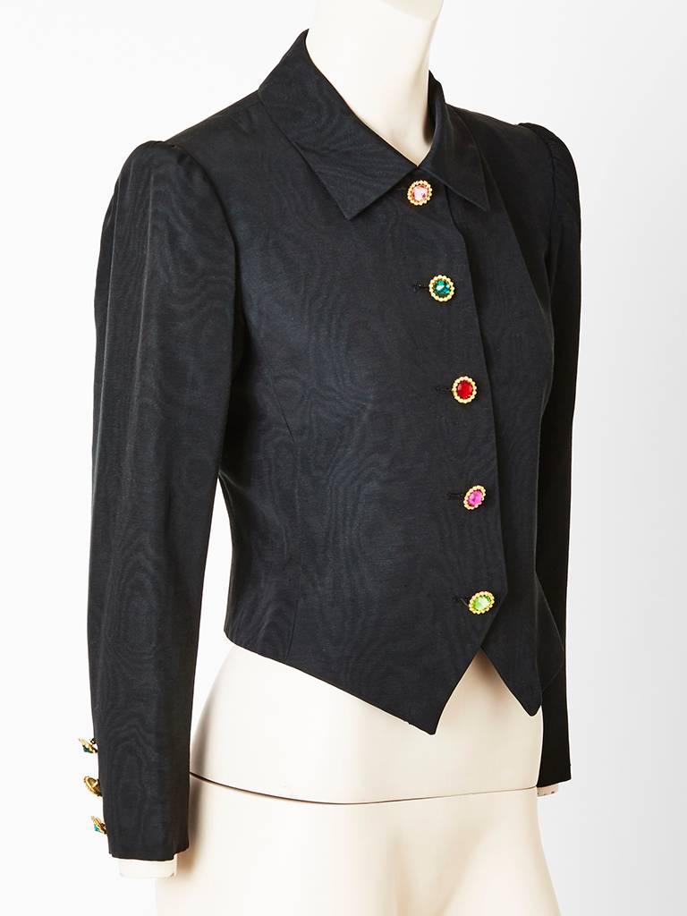 Yves Saint Laurent, moire´, fitted,Spencer, evening jacket, having a peter pan collar and colorful jeweled buttons.