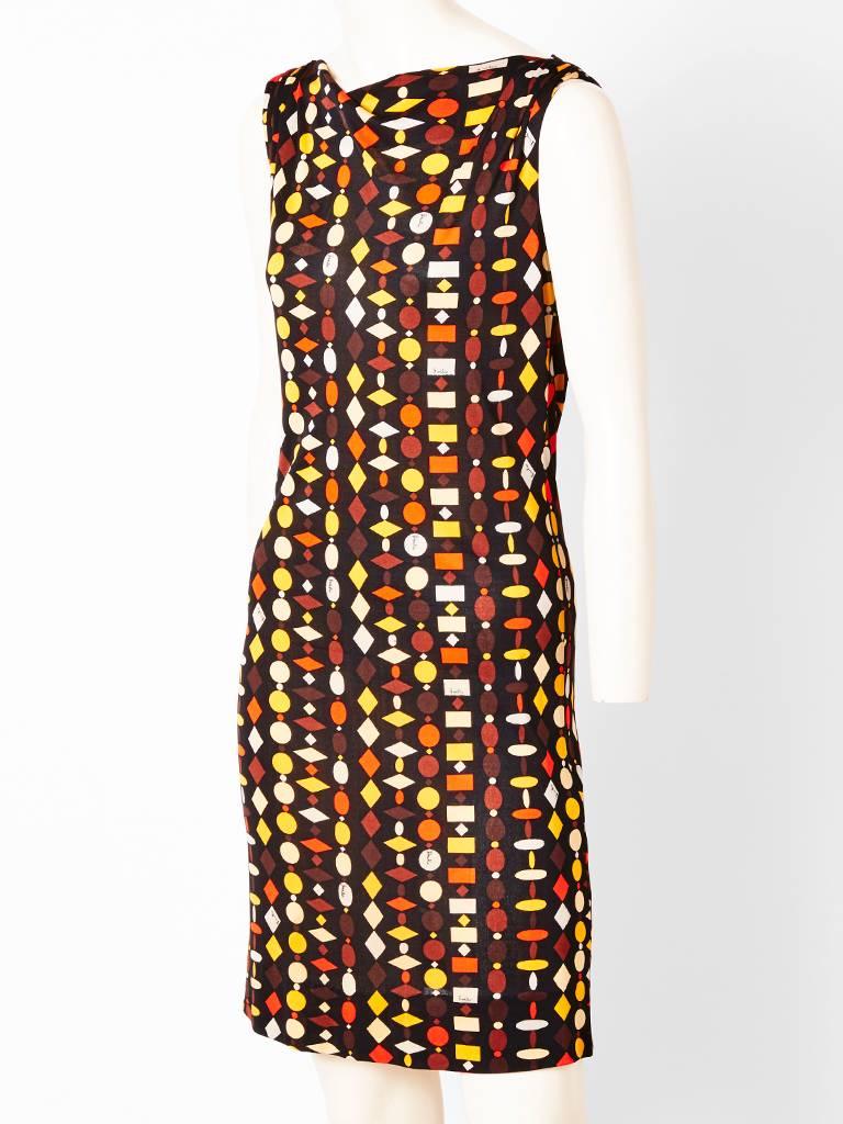 Pucci, atypical, geometric print, silk knit, sleeveless shift. Very lightweight, easy to pack. C.1960's.