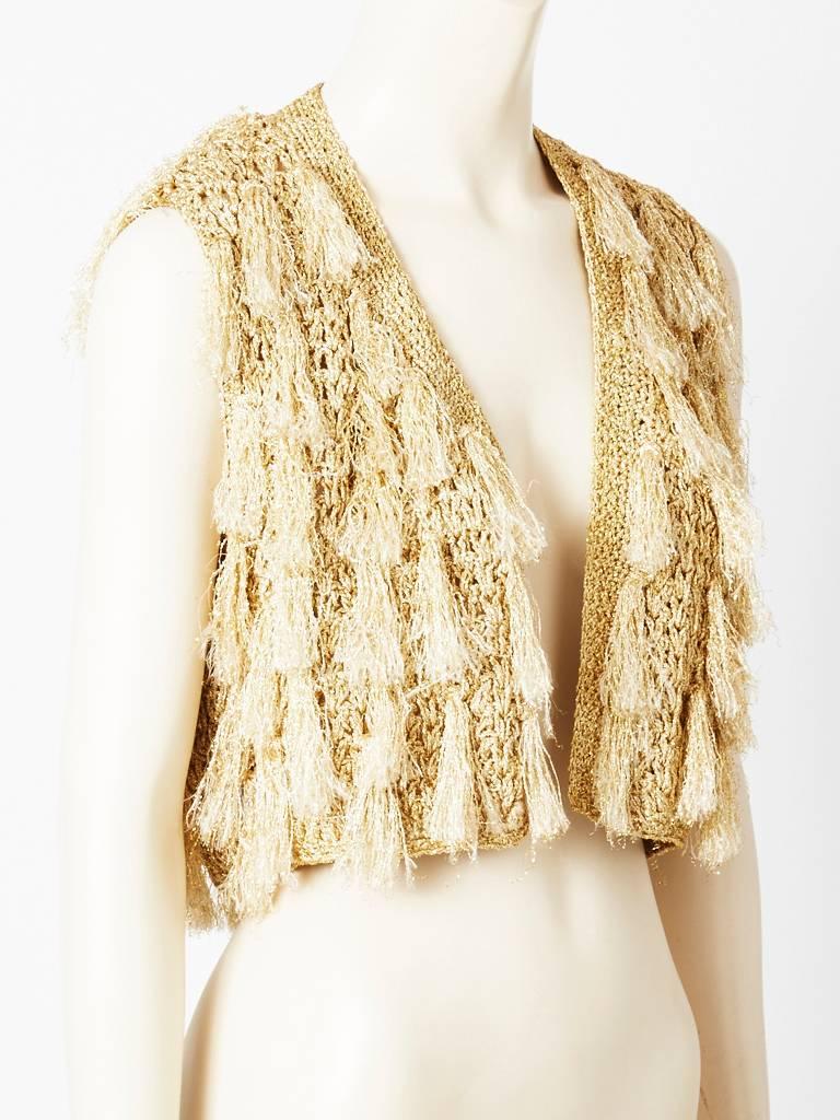 Scassi, hand crochet and knit, gold, lurex, vest/bolero, embellished with tassels.