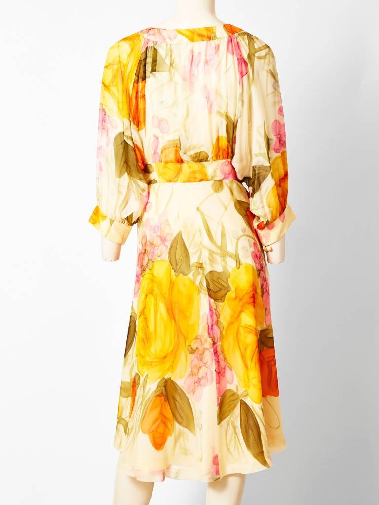 Orange Eric de Juan Floral Print Chiffon Day Dress