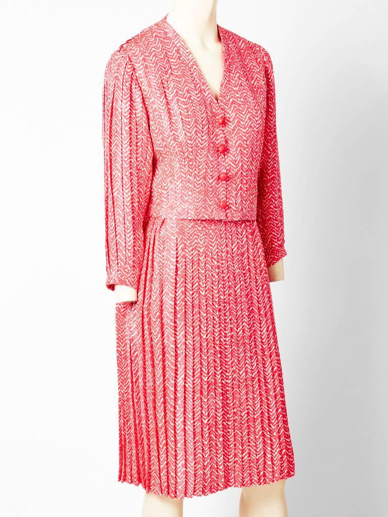 Pink Givenchy Couture Silk Herringbone Print Dress and Jacket Ensemble