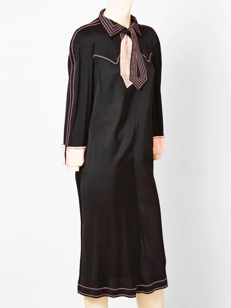 Jean Muir, satin back crepe, semi fitted dress with pointed fold over collar, 