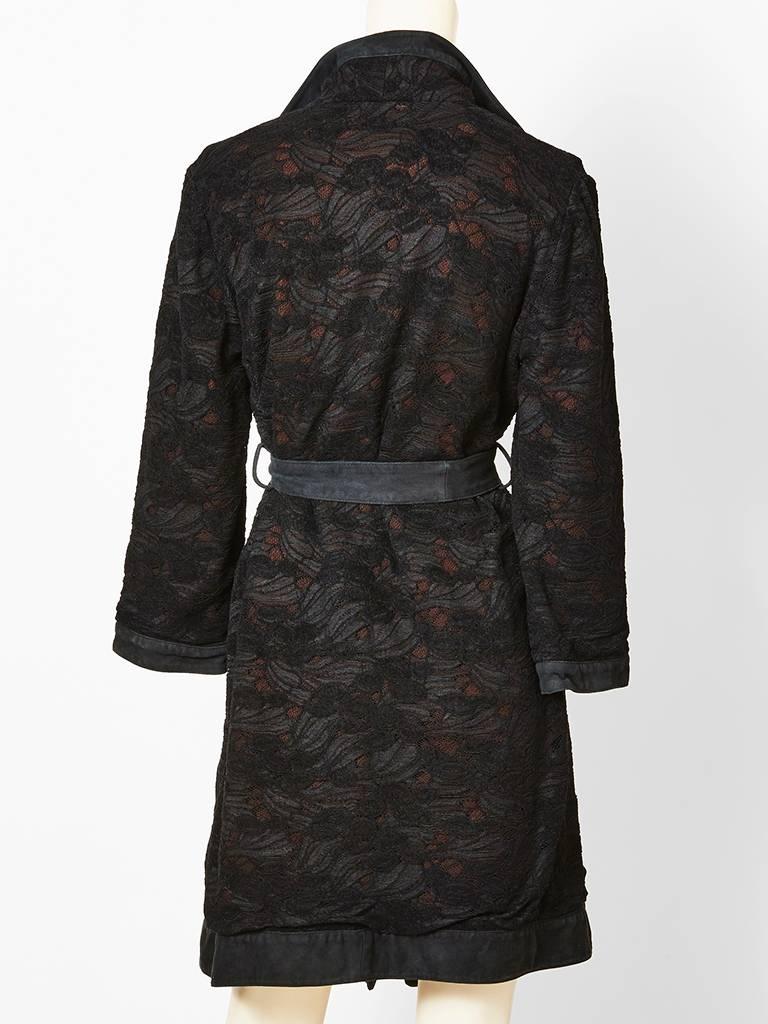 Black Versace Wool Belted Coat With Lace Overlay