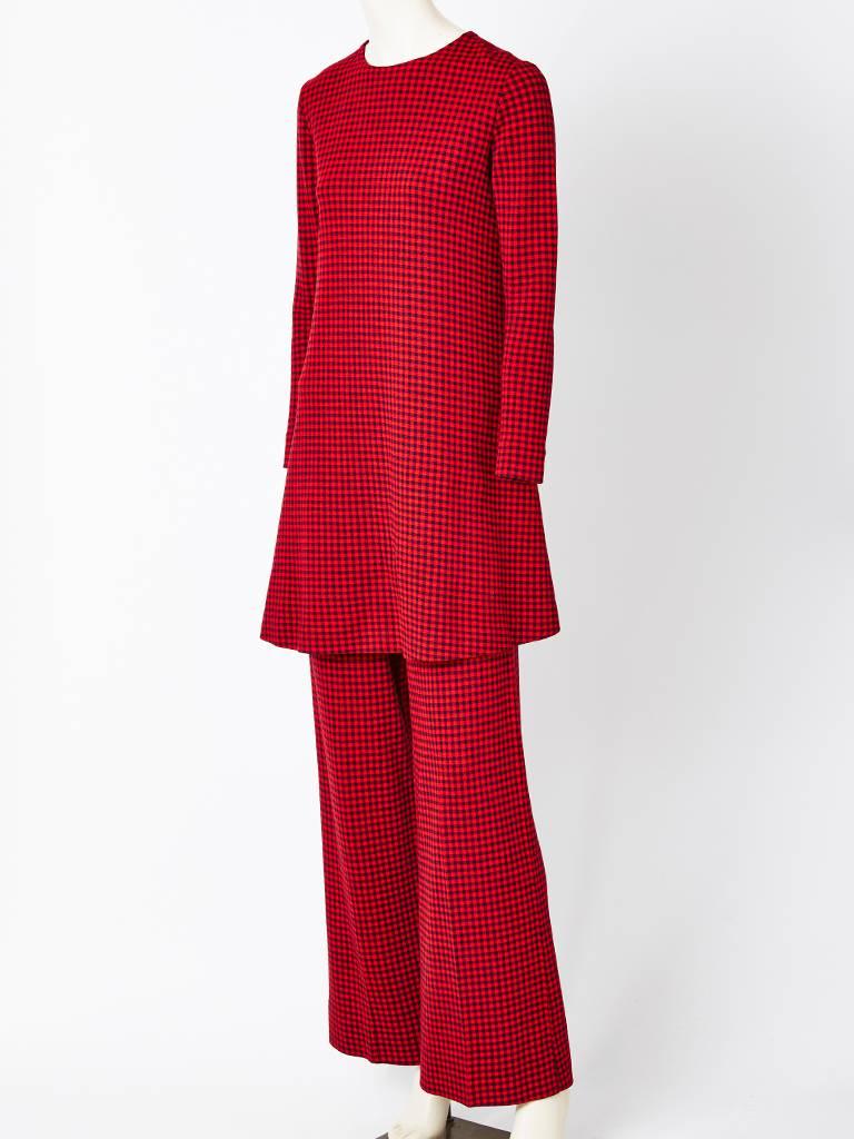 Rudi Gernreich wool knit tunic and pant ensemble in a red and black small check pattern. Tunic flares a bit from the hip. Pant flares from the knee down.