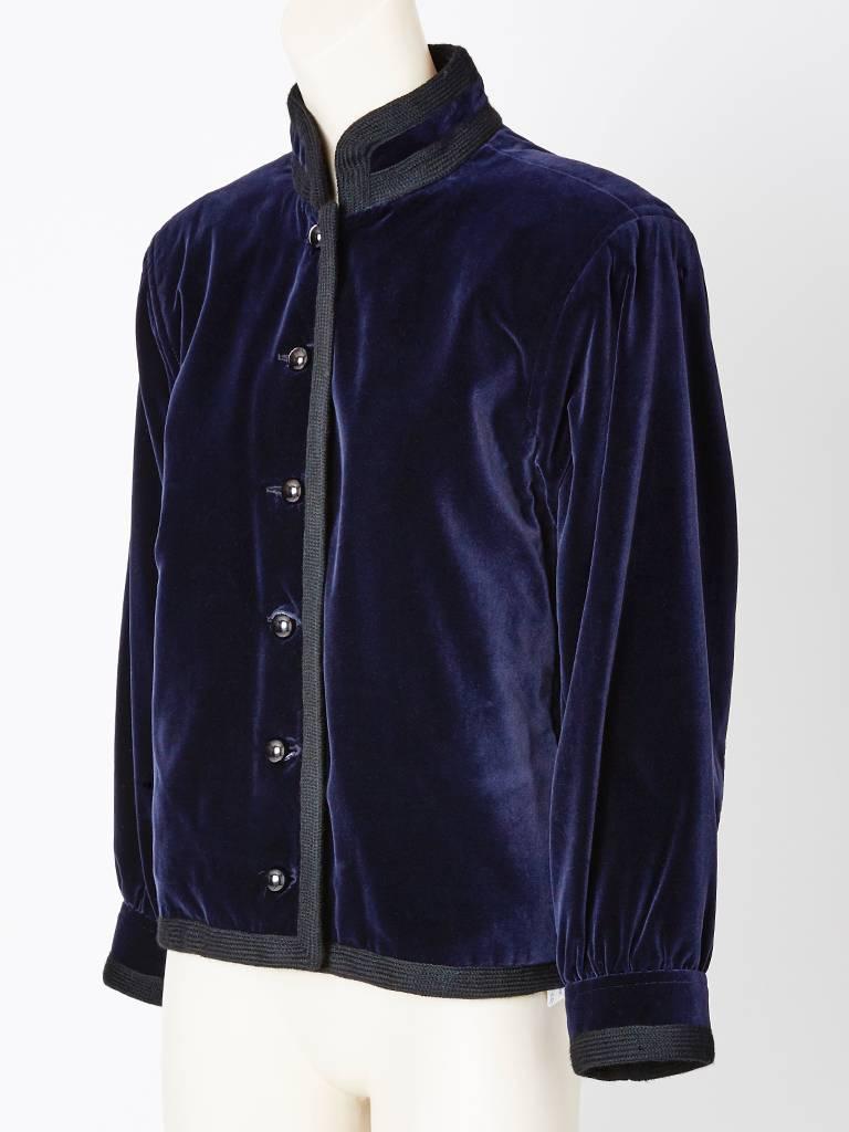 Yves Saint Laurent, midnight blue velvet, Chinese collection jacket having a quilted interior that allows for warmth making it possible to wear it as an outside jacket. Jacket is trimmed in black passementerie.