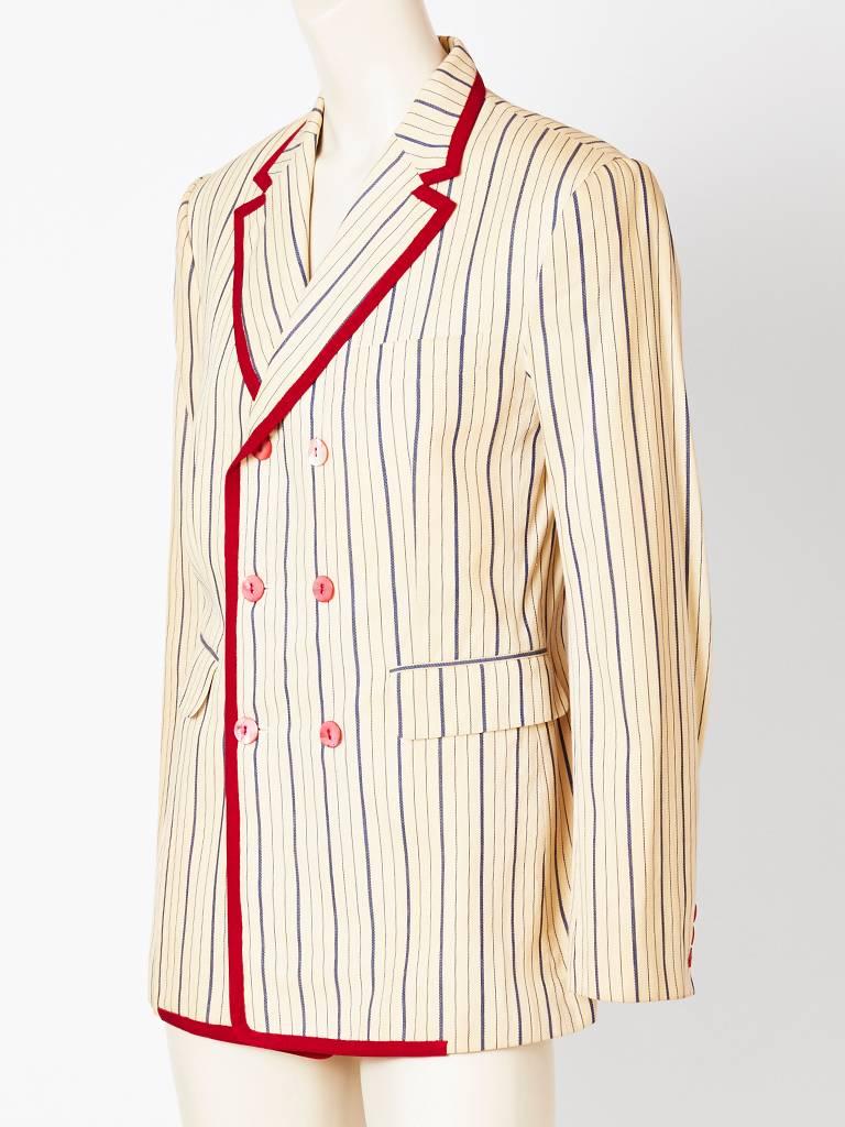 Galliano, cotton canvas, with a blue denim stripe, double breasted, fitted blazer having a red 