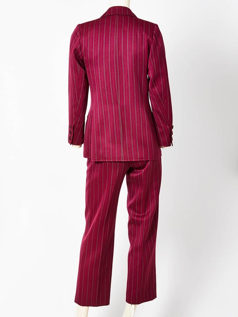 Brown Yves Saint Laurent Double Breasted Pin Stipe Pantsuit