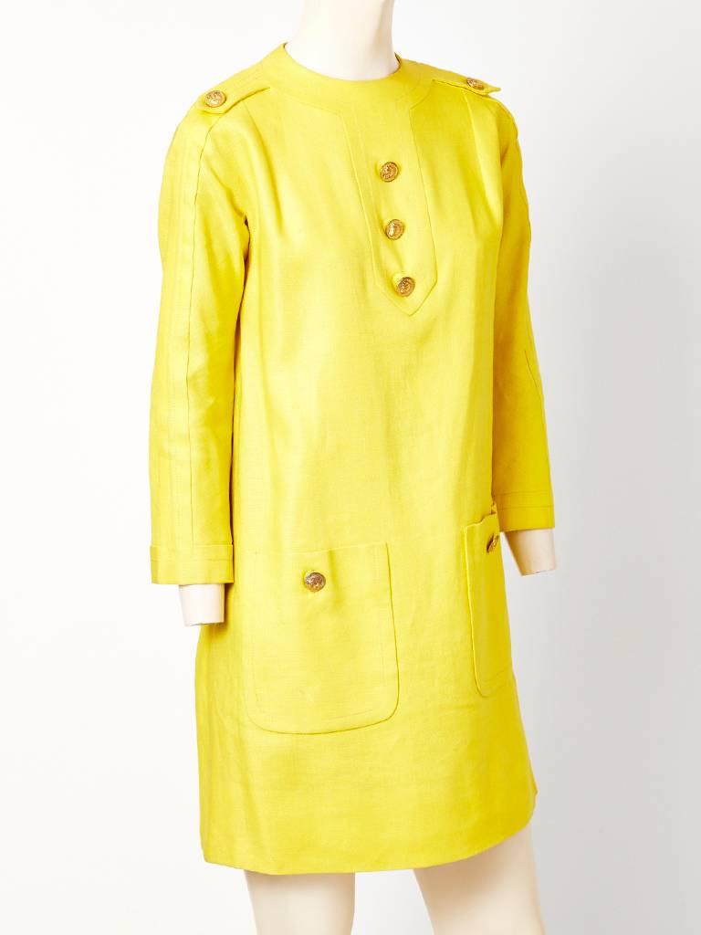 Yellow Pierre Cardin Linen Day Dress C. 1960's