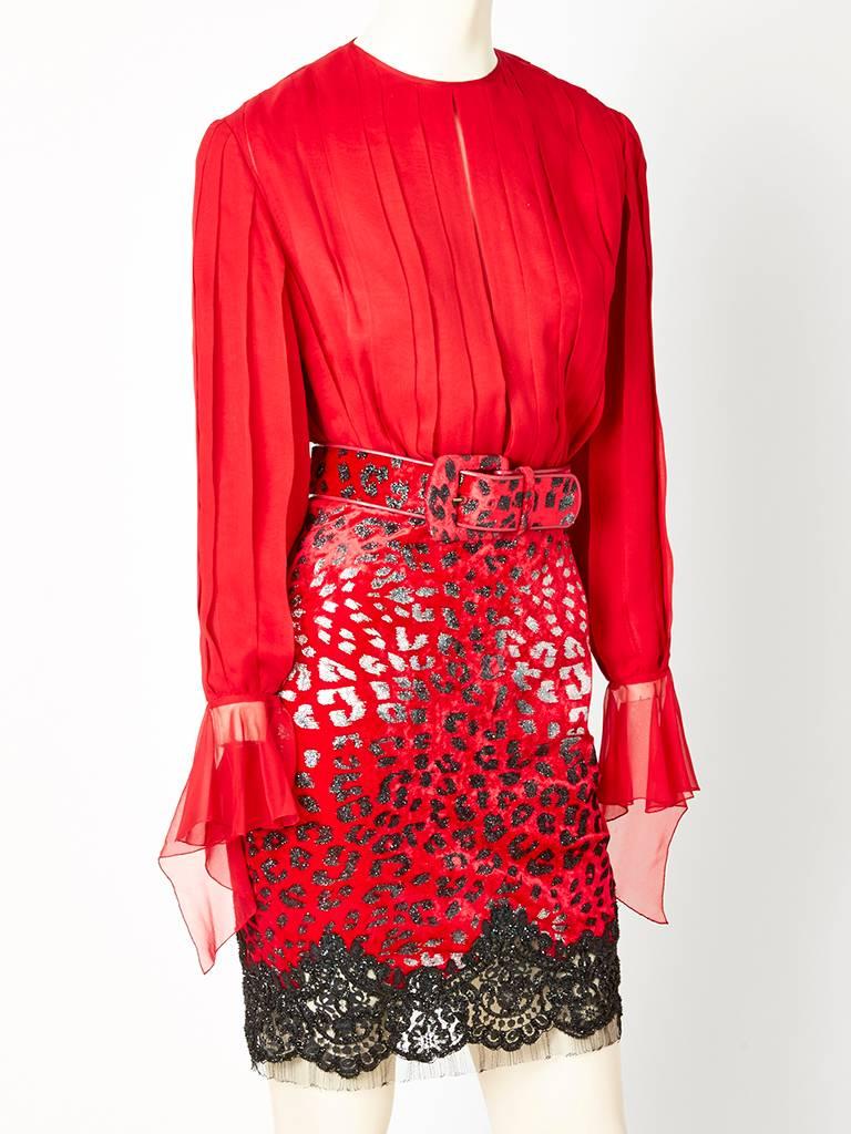Red Galanos Pleated Chiffon and Panne Velvet Cocktail Dress