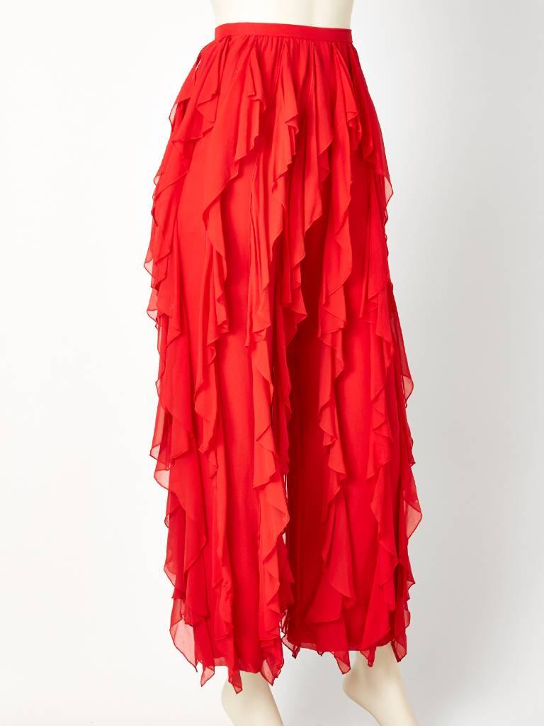 Red Chiffon Ruffled Pant In Excellent Condition In New York, NY