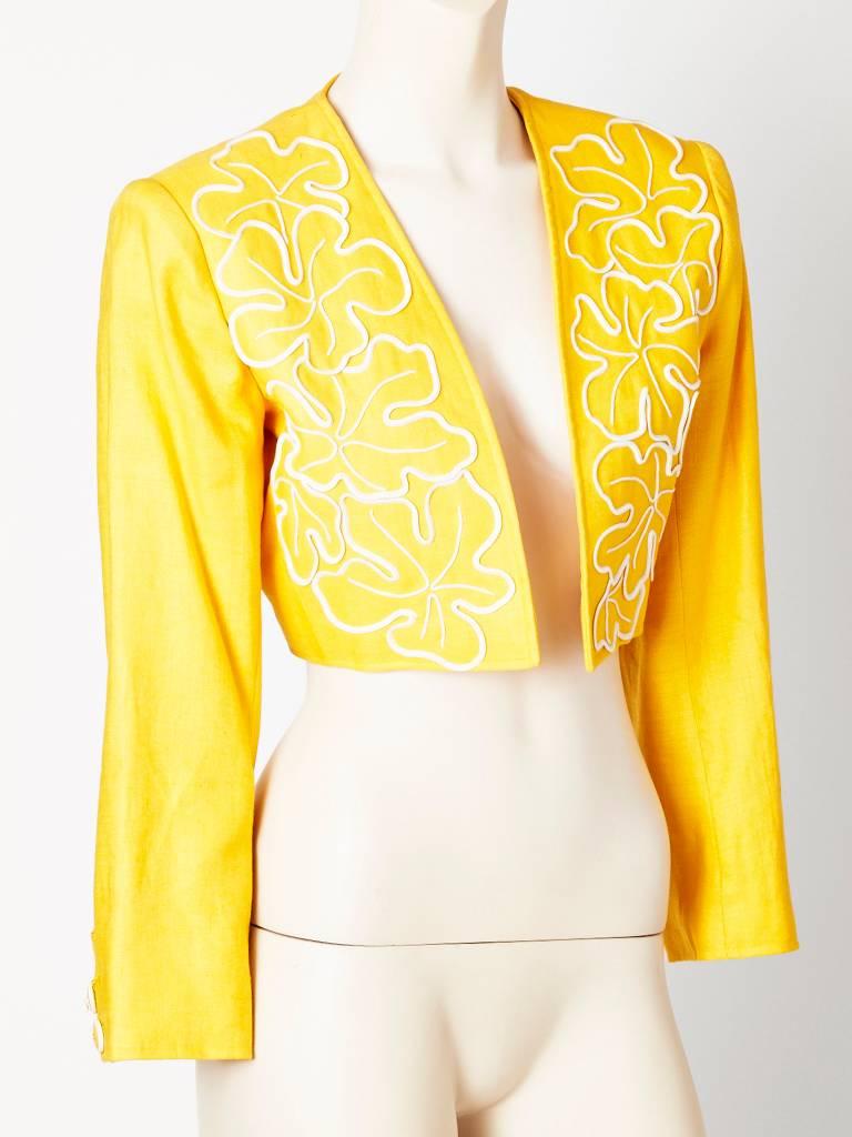 Yves Saint Laurent, yellow linen cropped jacket with white soutache floral braid embroidery.