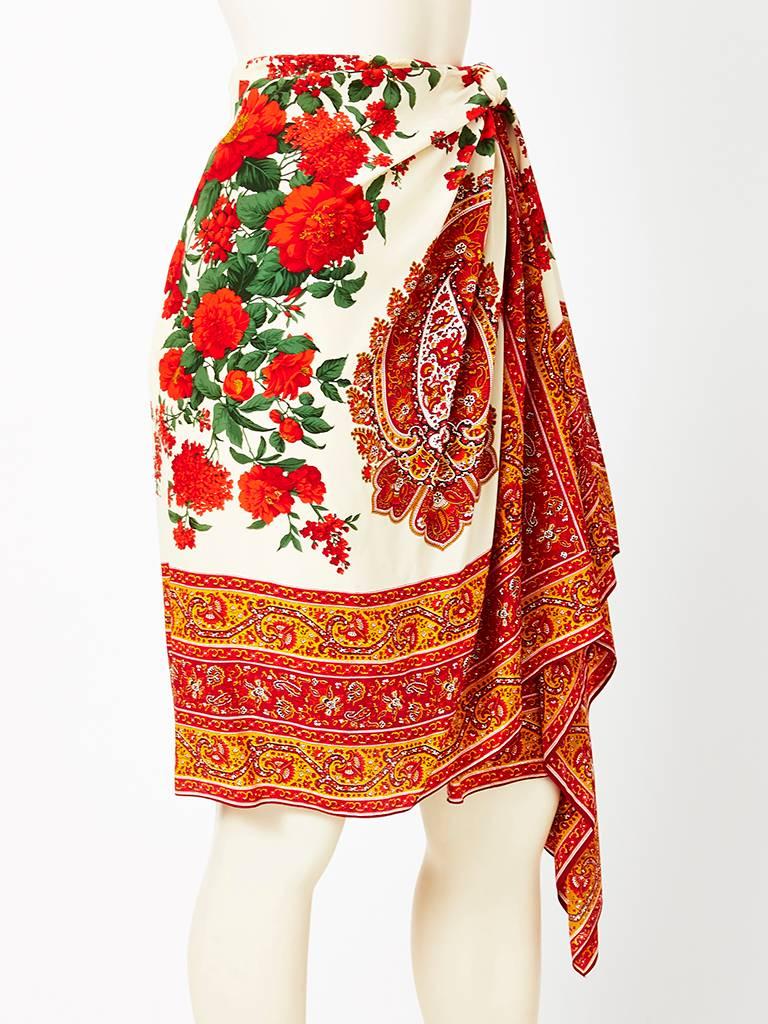 Valentino, silk, paisley and floral pattern sarong skirt.  Indian inspired fabric having a combination of floral and paisley patterns with paisley borders..