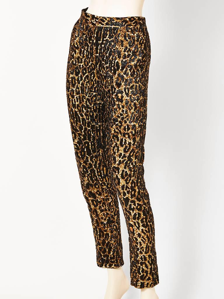Todd Oldham leopard print, fly front, silk, slim pant encrusted with gold sequins and black bugle beads.