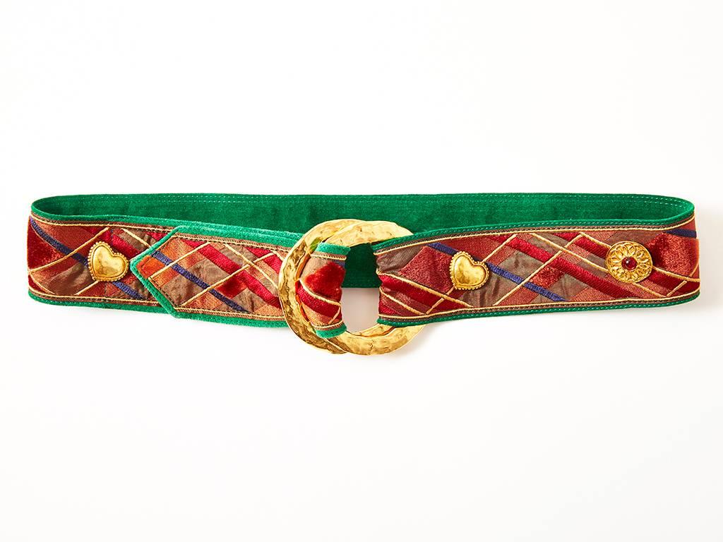 Yves Saint Laurent, colorful, plaid,  brocade, belt, lined in a Kelly green suede,  with a hammered gold buckle and embellished with gold decorative charms, some heart shaped. 