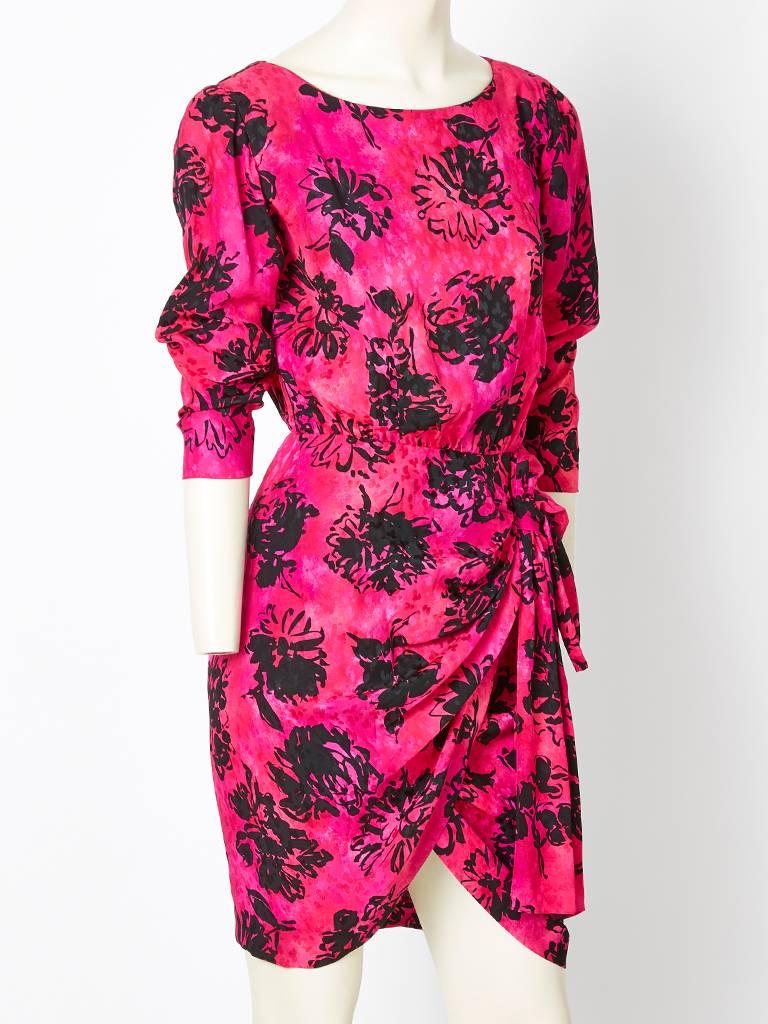 Yves Saint Laurent, fuchsia and black silk jaquard, floral pattern, dress,having long sleeves with 40's inspired side draping.