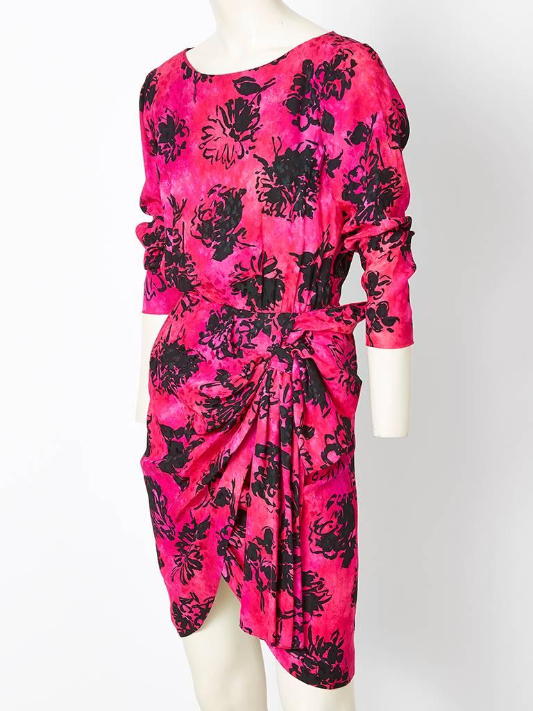 Pink Yves Saint Laurent Fuchsia and Black Floral Print Silk Dress