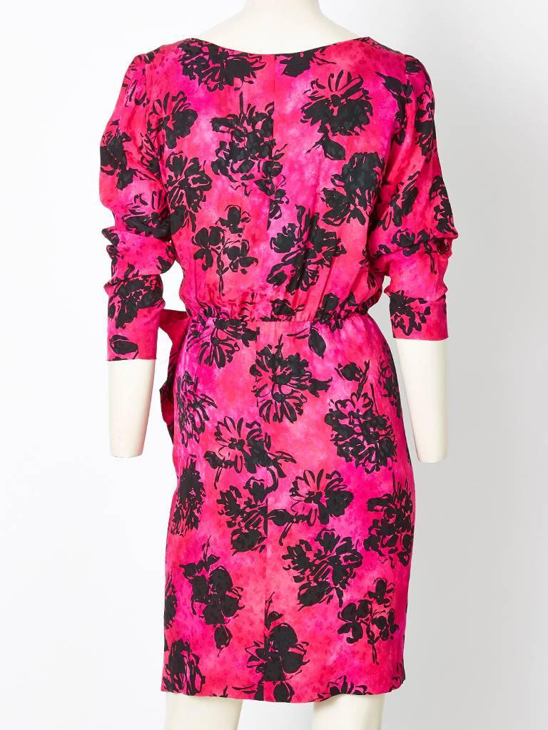 Yves Saint Laurent Fuchsia and Black Floral Print Silk Dress In Excellent Condition In New York, NY