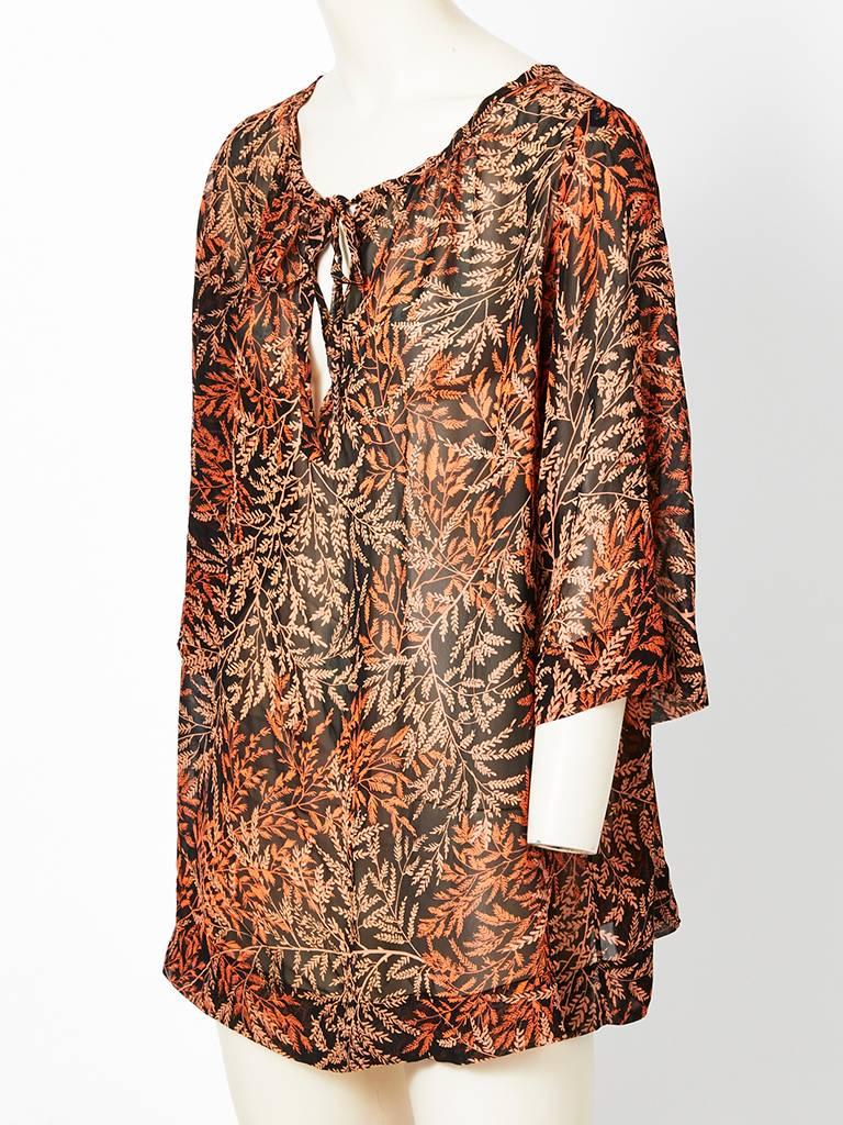 Yves Saint Laurent, Rive Gauche, chiffon, tunic style peasant blouse having a lovely fern pattern in autumnal shades.