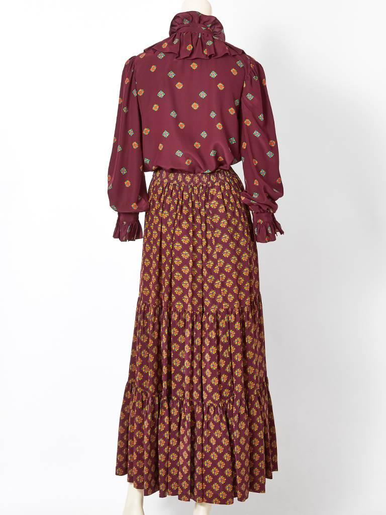 Brown Yves Saint Laurent Mixed Patterns Skirt and Blouse Ensemble