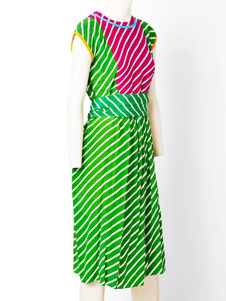 Green Geoffrey Beene Silk Striped Belted Day Dress