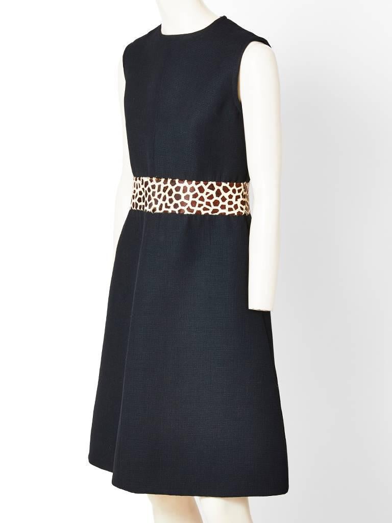Givenchy, wool crepe, jewel collar, sleeveless,  A line dress having a cheetah pattern pony hair waist detail.