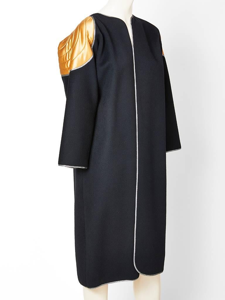 Black Geoffrey Beene Wool Coat with Quilted Futuristic Satin Appliqué Details 