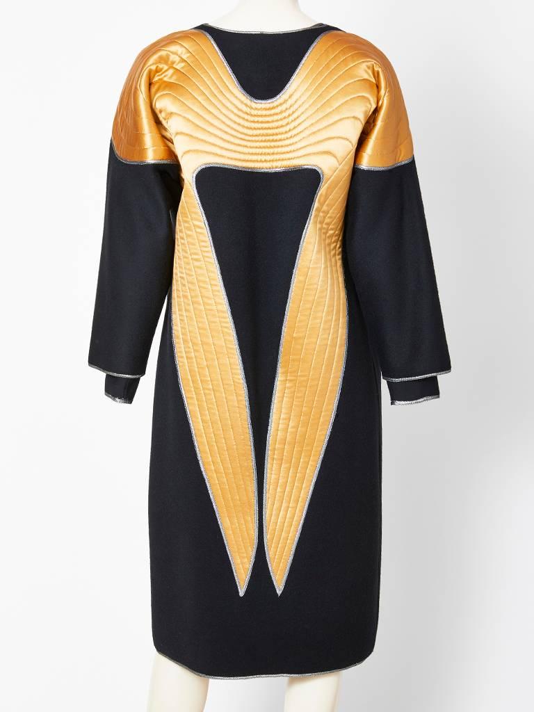 Women's Geoffrey Beene Wool Coat with Quilted Futuristic Satin Appliqué Details 